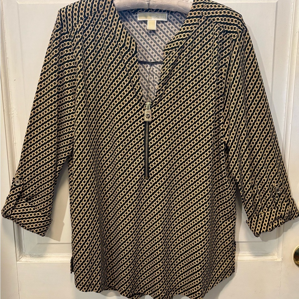 MICHAEL Michael Kors Black and Cream Chain-Print Zip Pullover Blouse